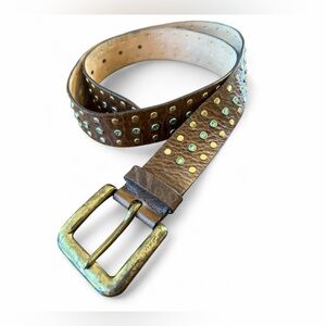 Streets Ahead USA Green Crystal Studded Brown Leather Belt w Brass Tone Hardware